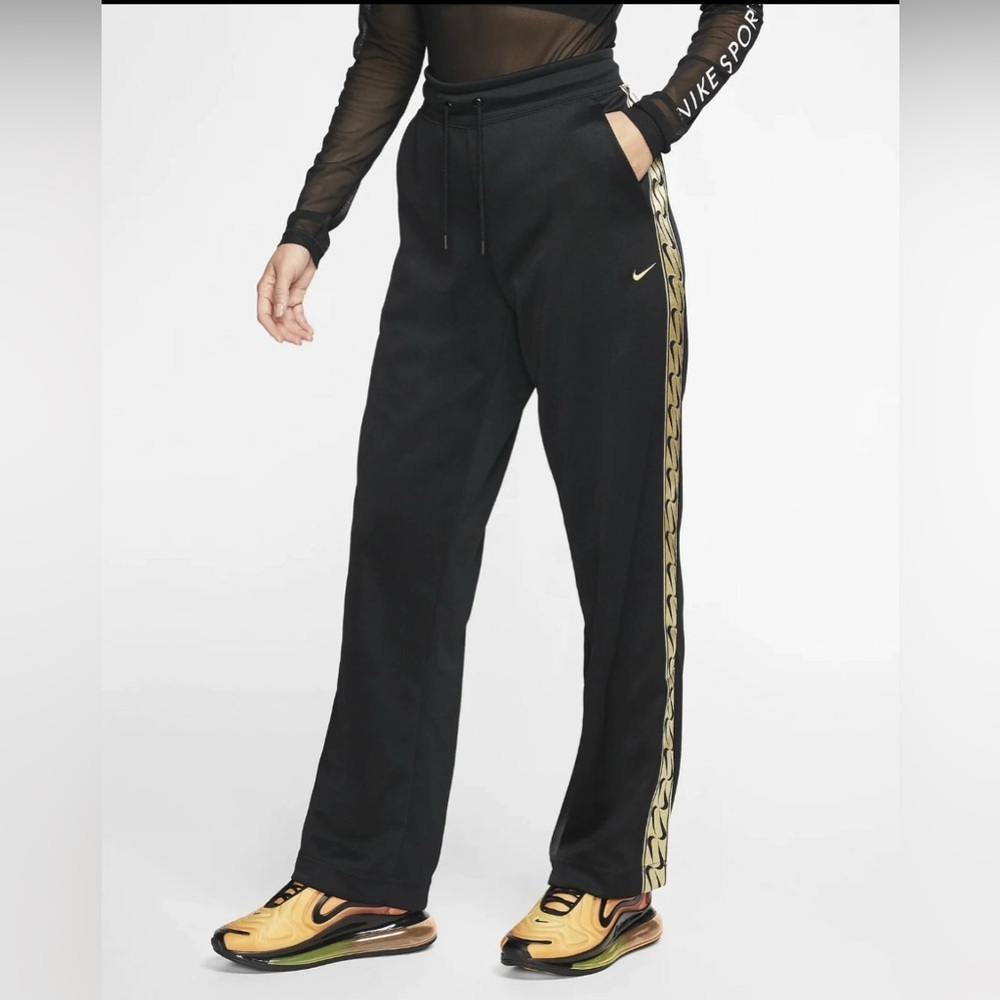 Nike Sportswear Womens Logo Open Hem Pants Drawstring Black-Metallic Gold-Size S